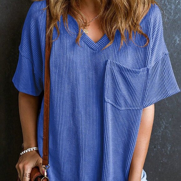 Royal Blue Casual Women's Twisted Threaded Short-Sleeved T-Shirt - Picture 4 of 8